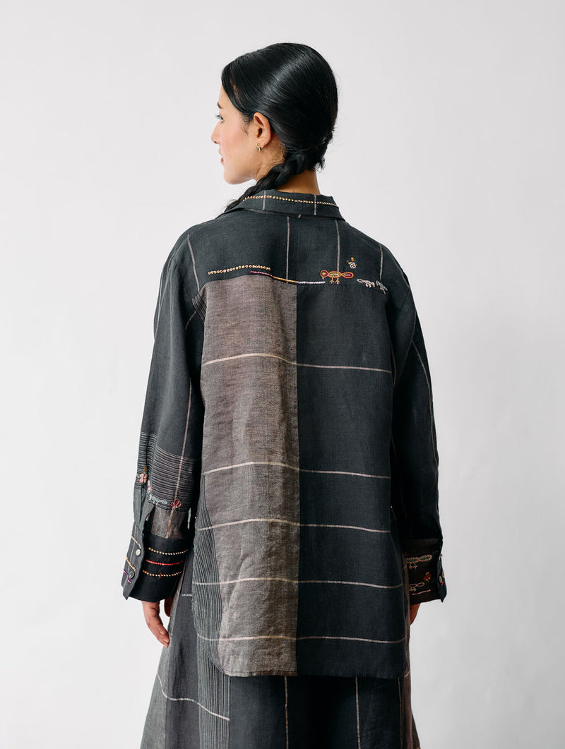 Hanat Hand-Embroidered Bird Shirt-Charcoal linen top/shirt by Manan in black for women Worldwide