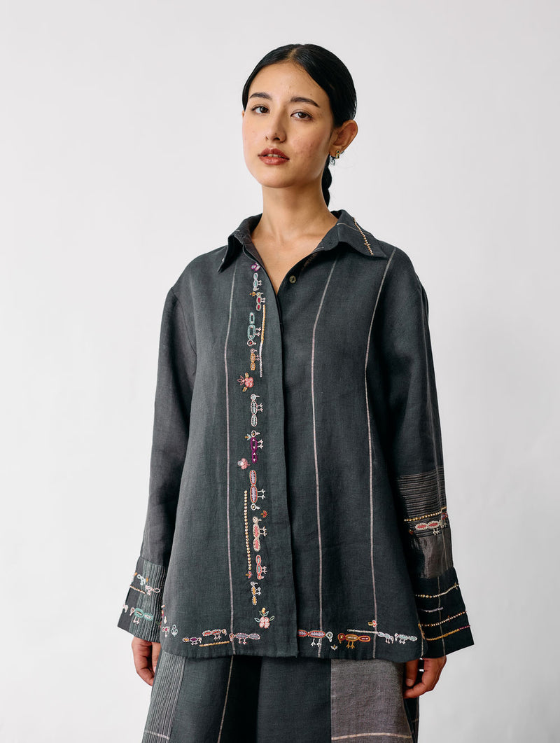 Hanat Hand-Embroidered Bird Co-ord-Charcoal linen co-ord set by Manan in black for women Worldwide