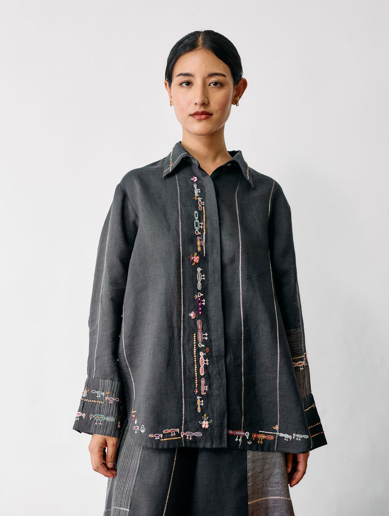 Hanat Hand-Embroidered Bird Co-ord-Charcoal linen co-ord set by Manan in black for women Worldwide