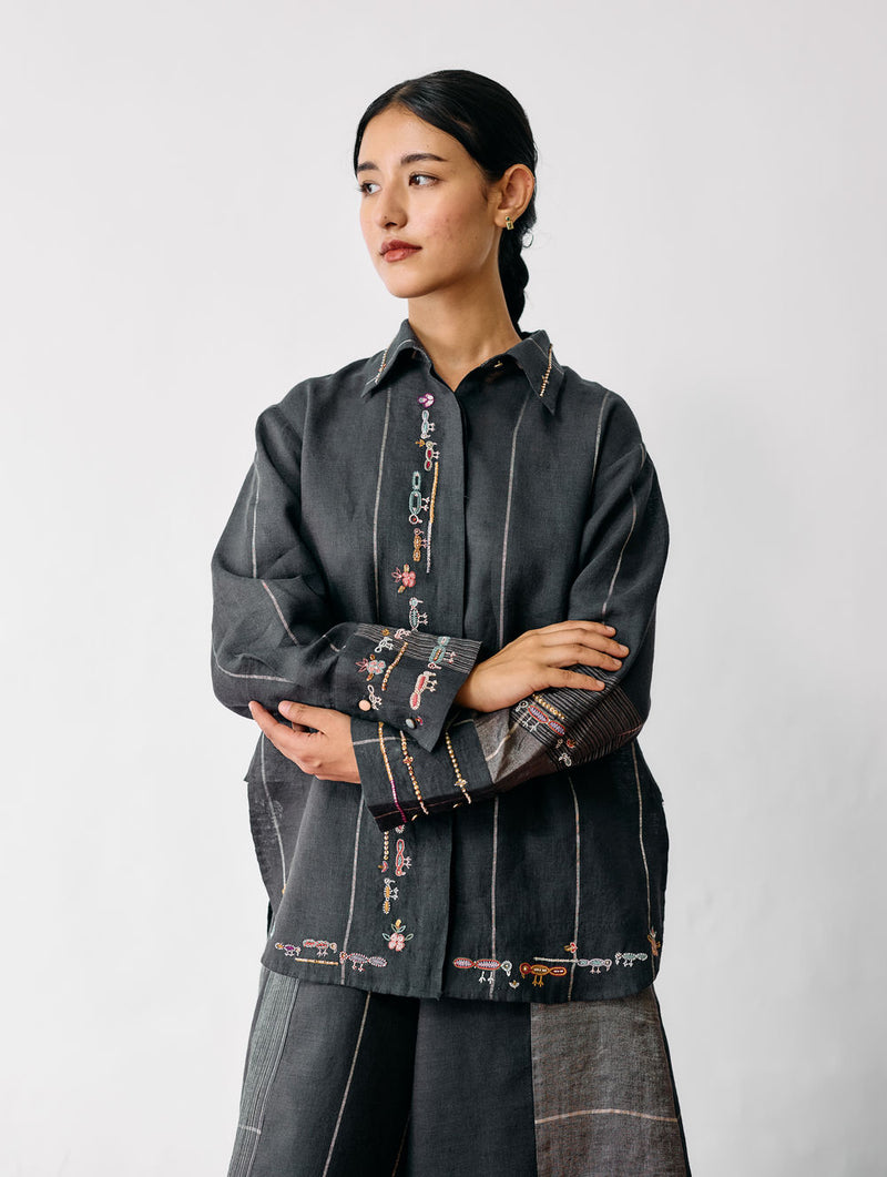 Hanat Hand-Embroidered Bird Shirt-Charcoal linen top/shirt by Manan in black for women Worldwide