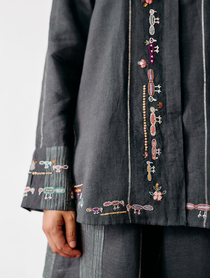Hanat Hand-Embroidered Bird Co-ord-Charcoal linen co-ord set by Manan in black for women Worldwide