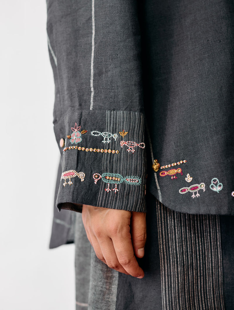 Hanat Hand-Embroidered Bird Co-ord-Charcoal linen co-ord set by Manan in black for women Worldwide