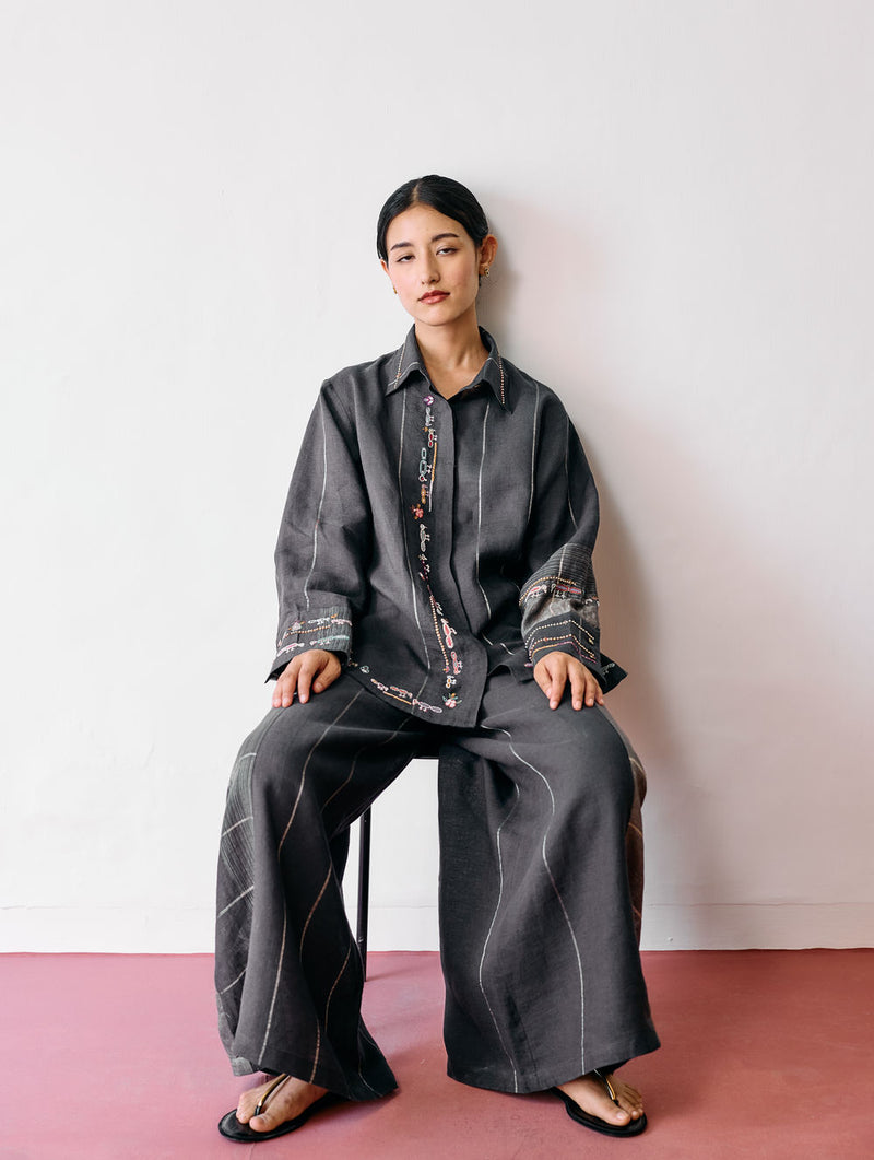 Hanat Hand-Embroidered Bird Co-ord-Charcoal linen co-ord set by Manan in black for women Worldwide