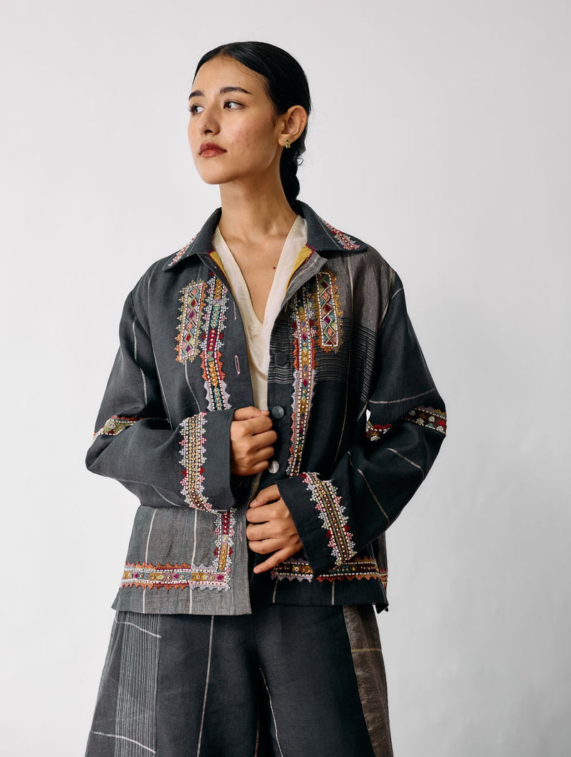 Zuri Hand-Embroidered Metallic Jacket-Charcoal linen jacket/overlay by Manan in black for women Worldwide