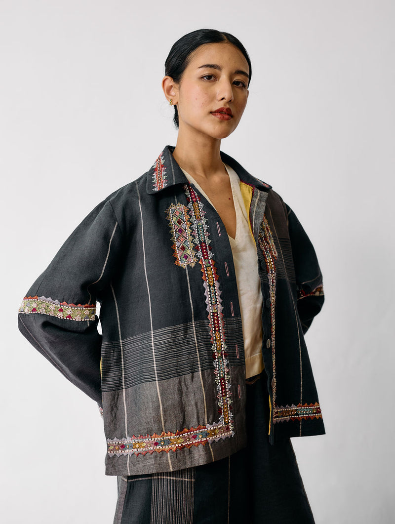Zuri Hand-Embroidered Metallic Jacket-Charcoal linen jacket/overlay by Manan in black for women Worldwide