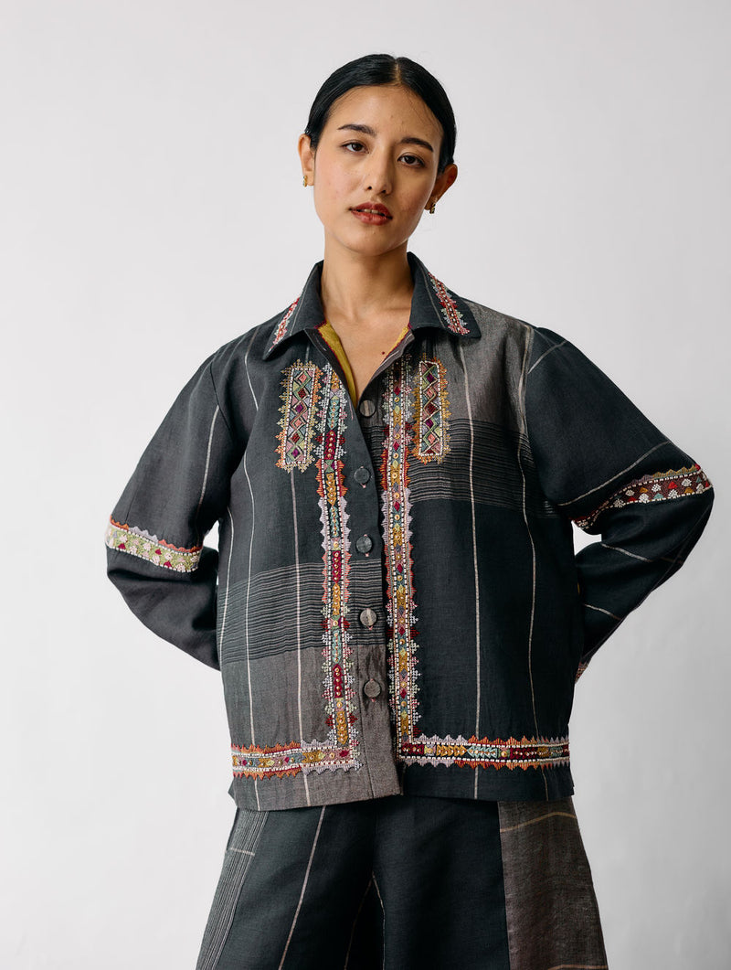 Zuri Hand-Embroidered Metallic Jacket-Charcoal linen jacket/overlay by Manan in black for women Worldwide