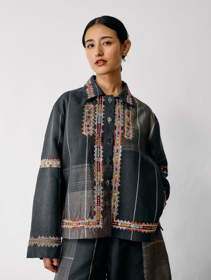 Zuri Hand-Embroidered Metallic Jacket-Charcoal linen jacket/overlay by Manan in black for women Worldwide