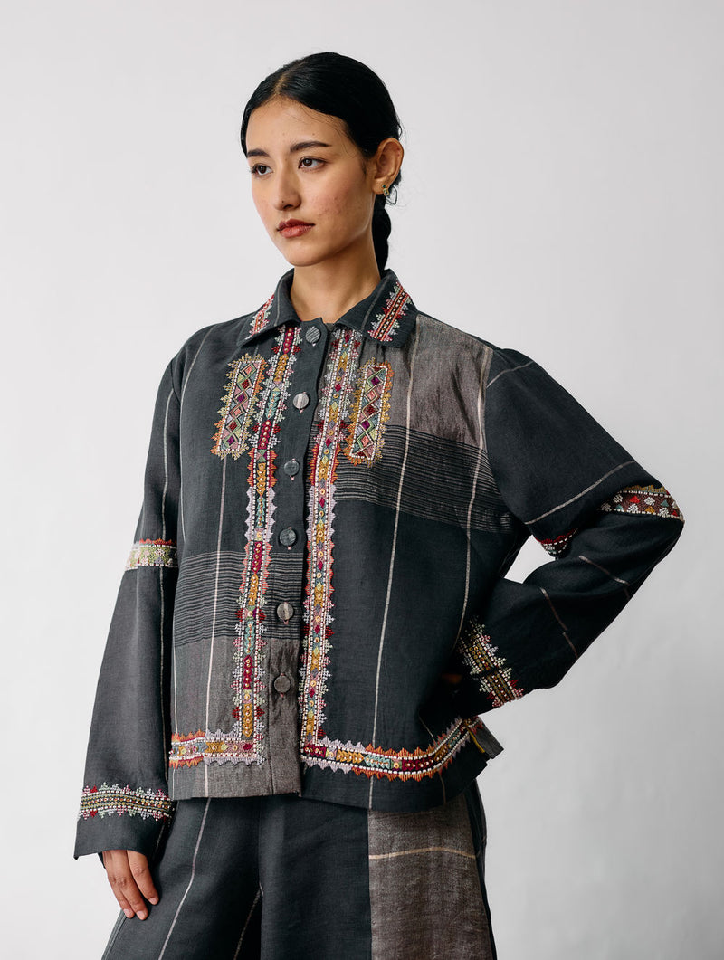 Zuri Hand-Embroidered Metallic Jacket-Charcoal linen jacket/overlay by Manan in black for women Worldwide