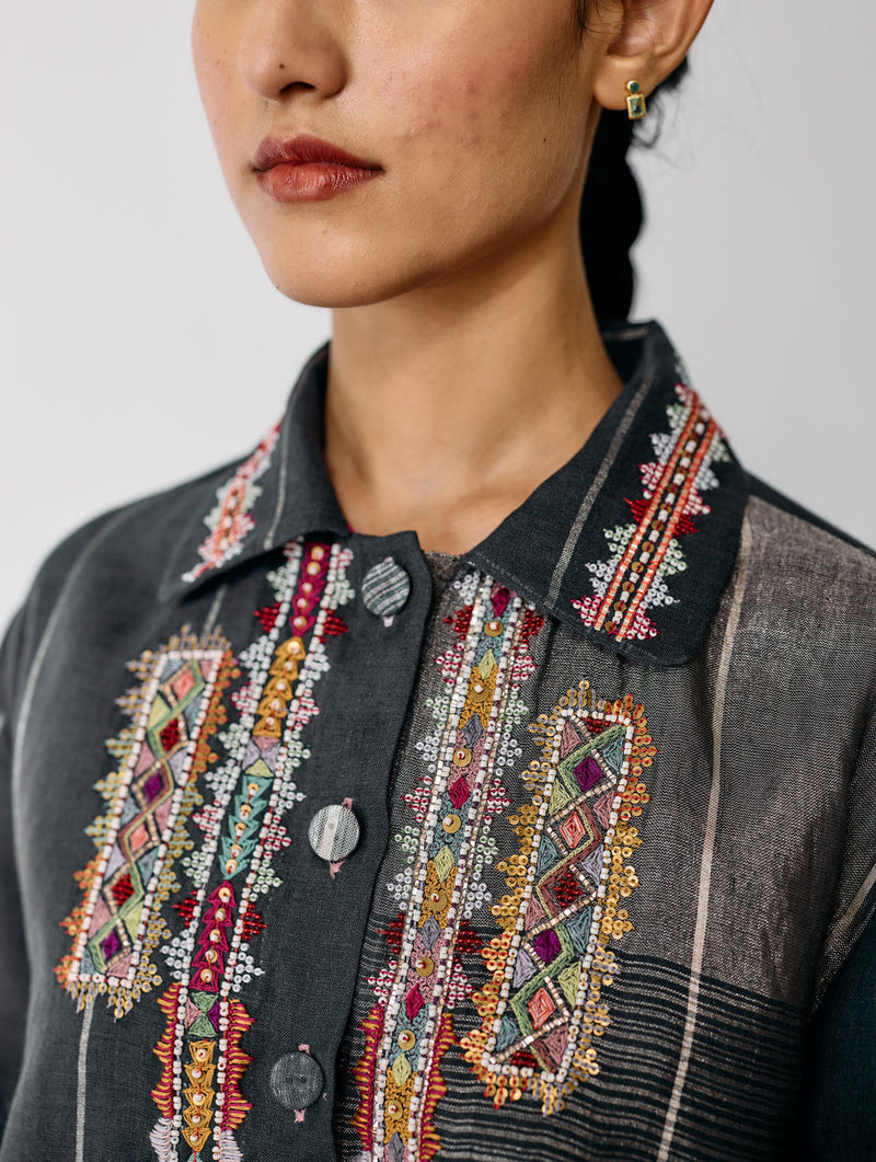 Zuri Hand-Embroidered Metallic Jacket-Charcoal linen jacket/overlay by Manan in black for women Worldwide