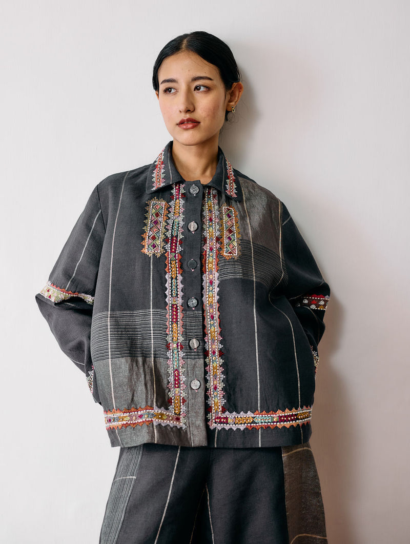 Zuri Hand-Embroidered Metallic Jacket-Charcoal linen jacket/overlay by Manan in black for women Worldwide