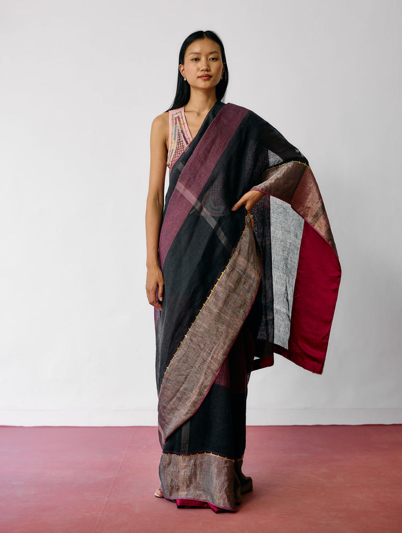 Afra Metallic Handloom Linen Saree-Metallic Charcoal linen saree by Manan in black for women Worldwide