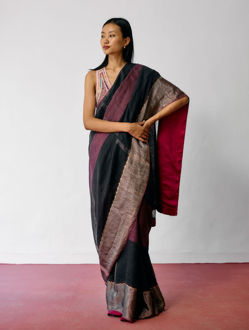 Afra Metallic Handloom Linen Saree-Metallic Charcoal linen saree by Manan in black for women Worldwide