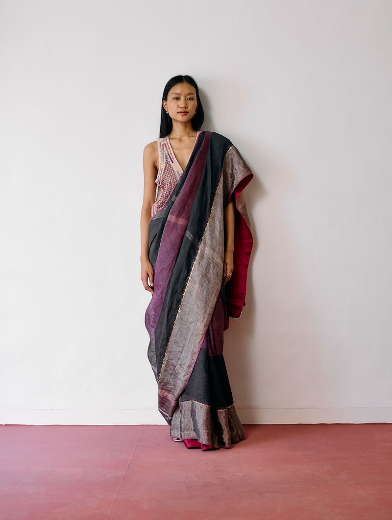 Afra Metallic Handloom Linen Saree-Metallic Charcoal linen saree by Manan in black for women Worldwide