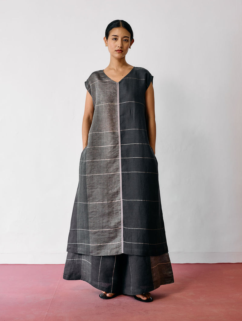 Rira Metallic Linen Long Tunic-Charcoal linen kurta/kurta set by Manan in black for women Worldwide