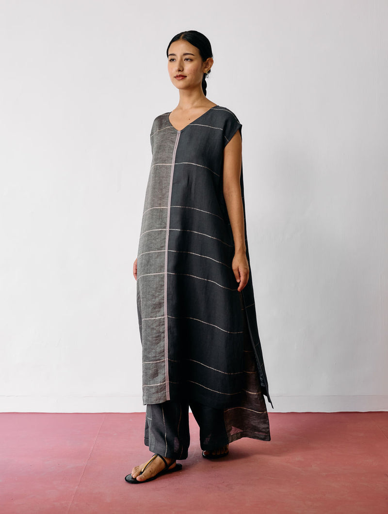 Rira Metallic Linen Long Tunic-Charcoal linen kurta/kurta set by Manan in black for women Worldwide