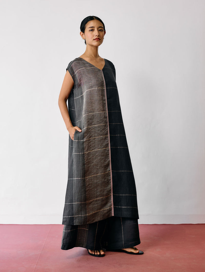 Rira Metallic Linen Long Tunic-Charcoal linen kurta/kurta set by Manan in black for women Worldwide
