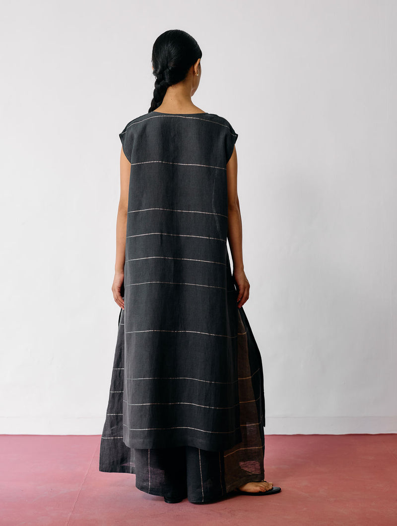 Rira Metallic Linen Long Tunic-Charcoal linen kurta/kurta set by Manan in black for women Worldwide