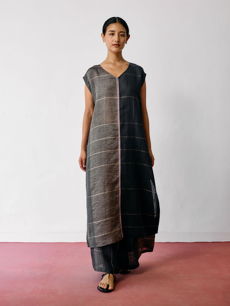 Rira Metallic Linen Long Tunic-Charcoal linen kurta/kurta set by Manan in black for women Worldwide