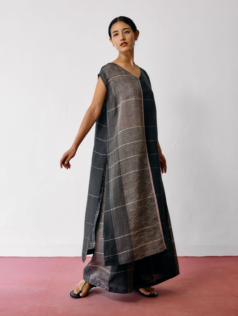 Rira Metallic Linen Long Co-ord-Charcoal linen co-ord set by Manan in black for women Worldwide