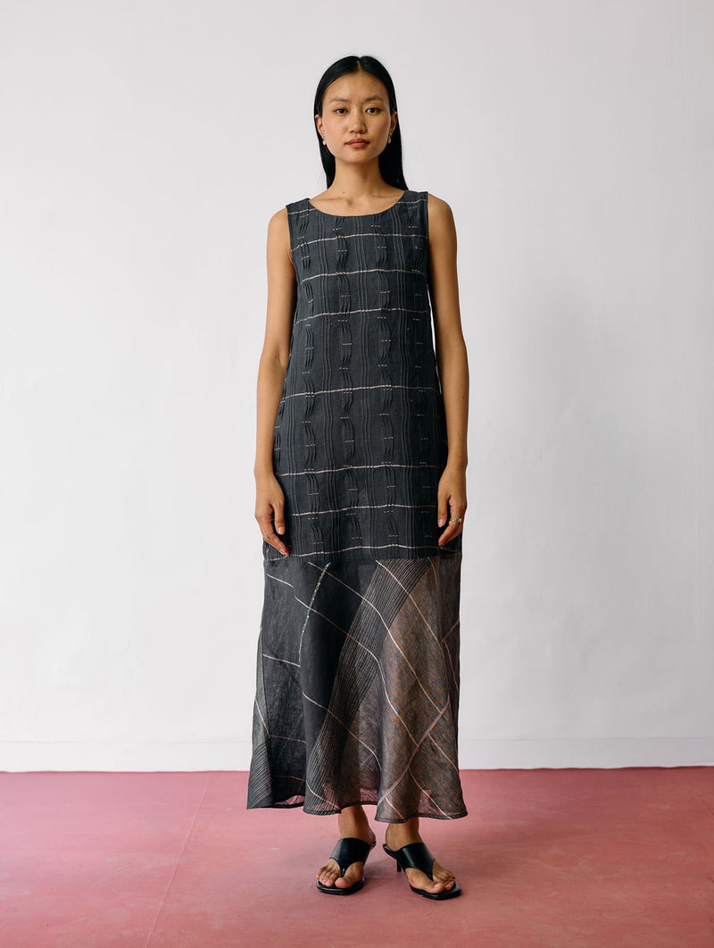 Dana Pintuck & Pleat Sleeveless Co-ord-Charcoal linen co-ord set by Manan in black for women Worldwide