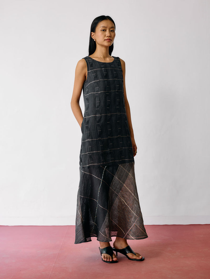 Dana Pintuck & Pleat Sleeveless Dress-Charcoal linen dress by Manan in black for women Worldwide