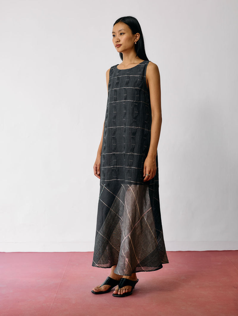 Dana Pintuck & Pleat Sleeveless Dress-Charcoal linen dress by Manan in black for women Worldwide