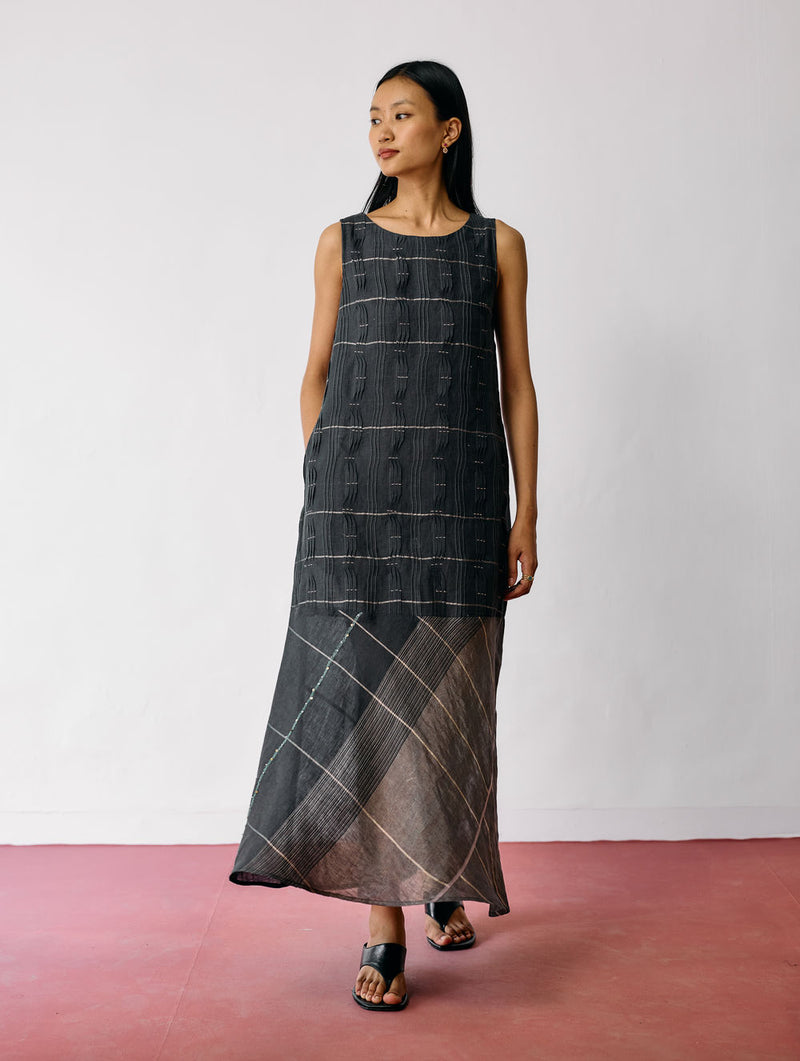 Dana Pintuck & Pleat Sleeveless Co-ord-Charcoal linen co-ord set by Manan in black for women Worldwide