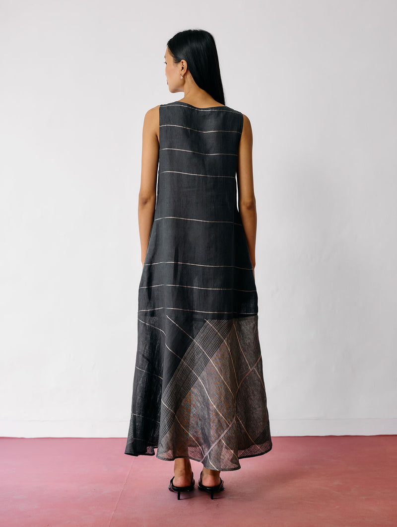 Dana Pintuck & Pleat Sleeveless Dress-Charcoal linen dress by Manan in black for women Worldwide