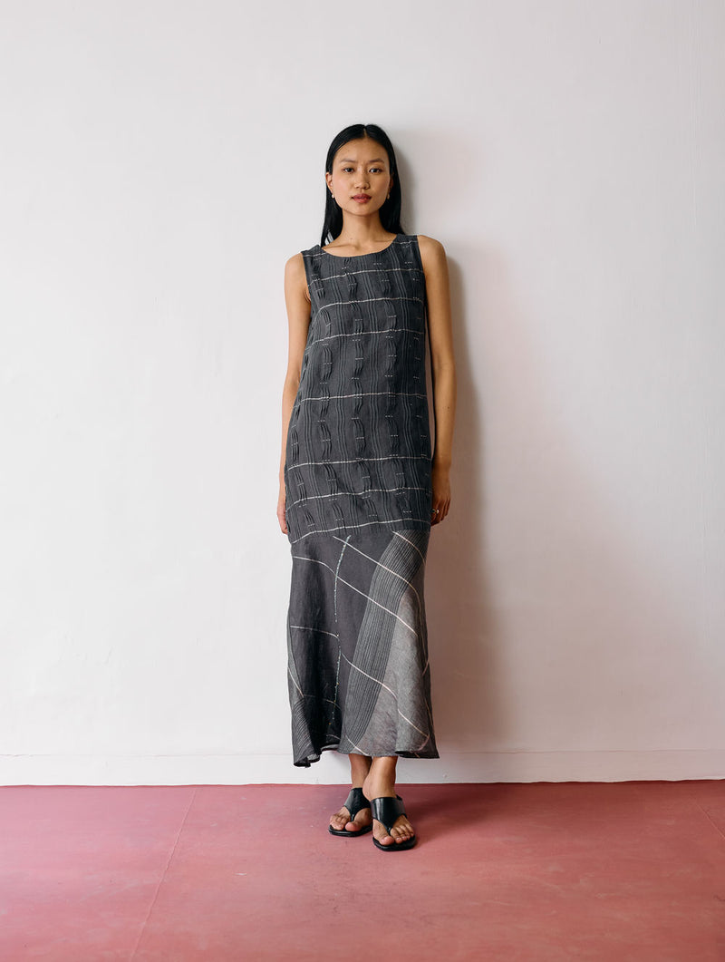 Dana Pintuck & Pleat Sleeveless Dress-Charcoal linen dress by Manan in black for women Worldwide