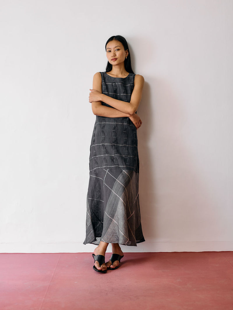 Dana Pintuck & Pleat Sleeveless Dress-Charcoal linen dress by Manan in black for women Worldwide