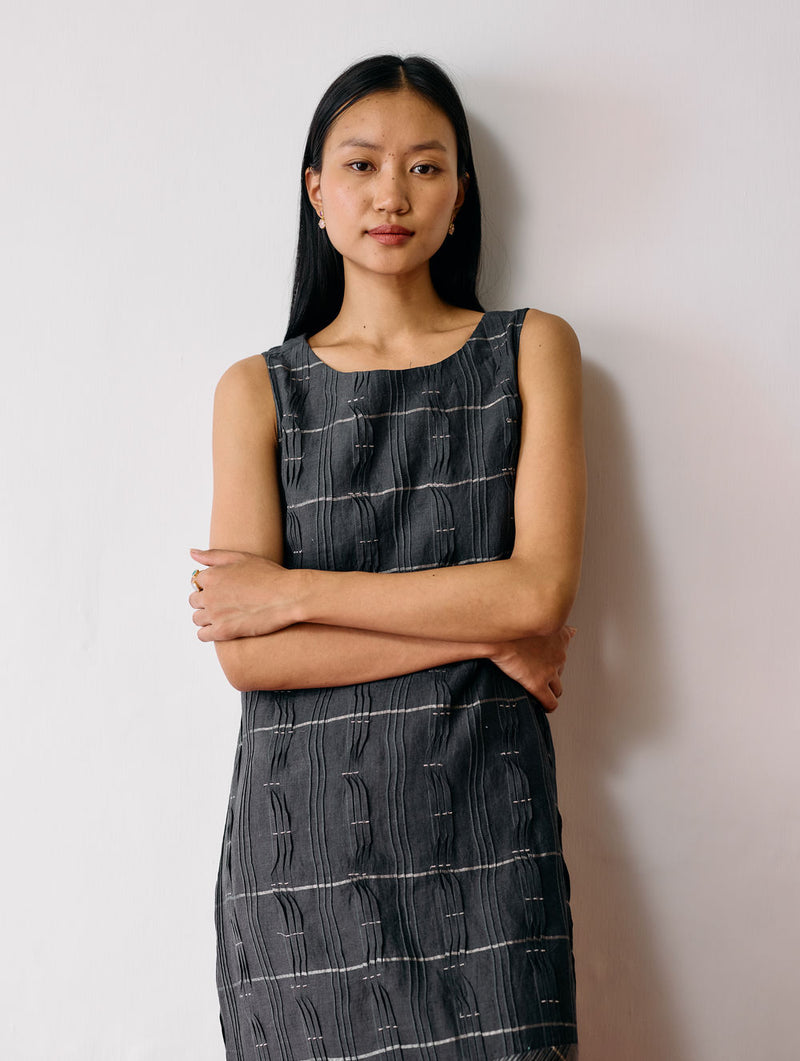 Dana Pintuck & Pleat Sleeveless Co-ord-Charcoal linen co-ord set by Manan in black for women Worldwide