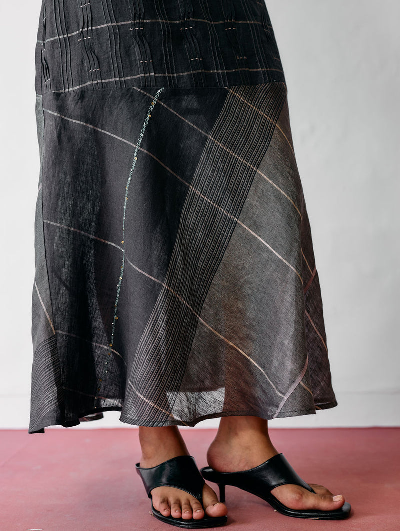 Dana Pintuck & Pleat Sleeveless Dress-Charcoal linen dress by Manan in black for women Worldwide