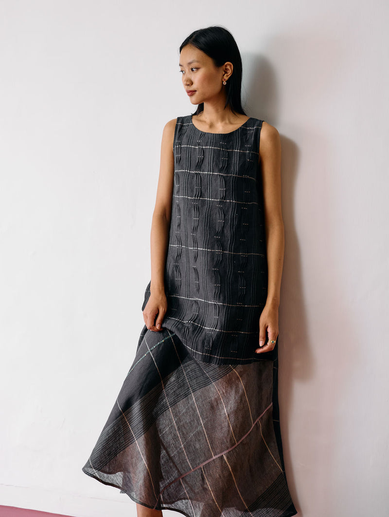 Dana Pintuck & Pleat Sleeveless Dress-Charcoal linen dress by Manan in black for women Worldwide