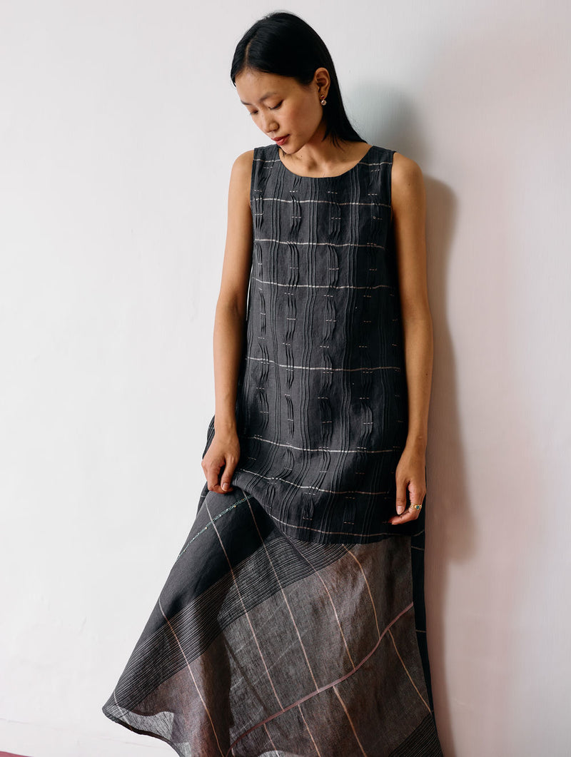 Dana Pintuck & Pleat Sleeveless Dress-Charcoal linen dress by Manan in black for women Worldwide