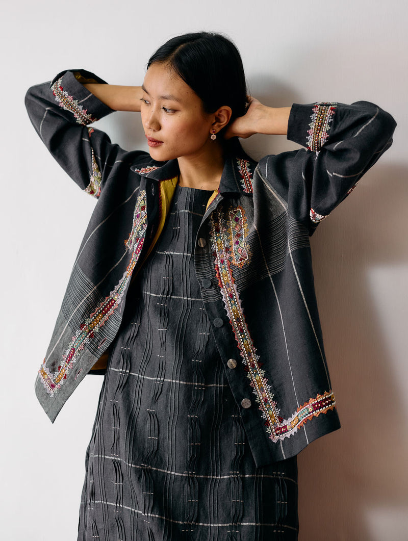 Dana Pintuck & Pleat Sleeveless Co-ord-Charcoal linen co-ord set by Manan in black for women Worldwide