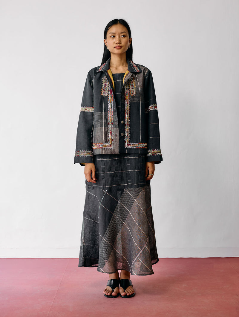 Dana Pintuck & Pleat Sleeveless Co-ord-Charcoal linen co-ord set by Manan in black for women Worldwide
