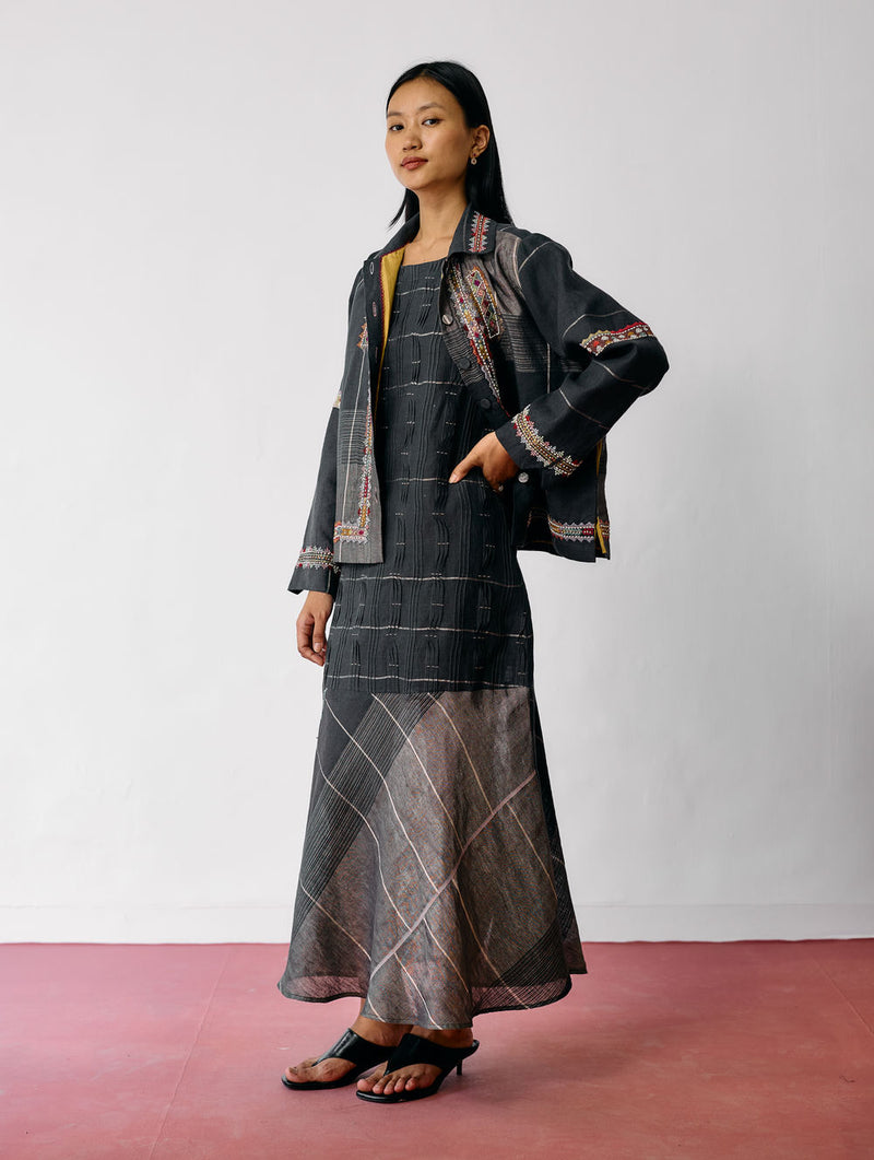 Dana Pintuck & Pleat Sleeveless Co-ord-Charcoal linen co-ord set by Manan in black for women Worldwide