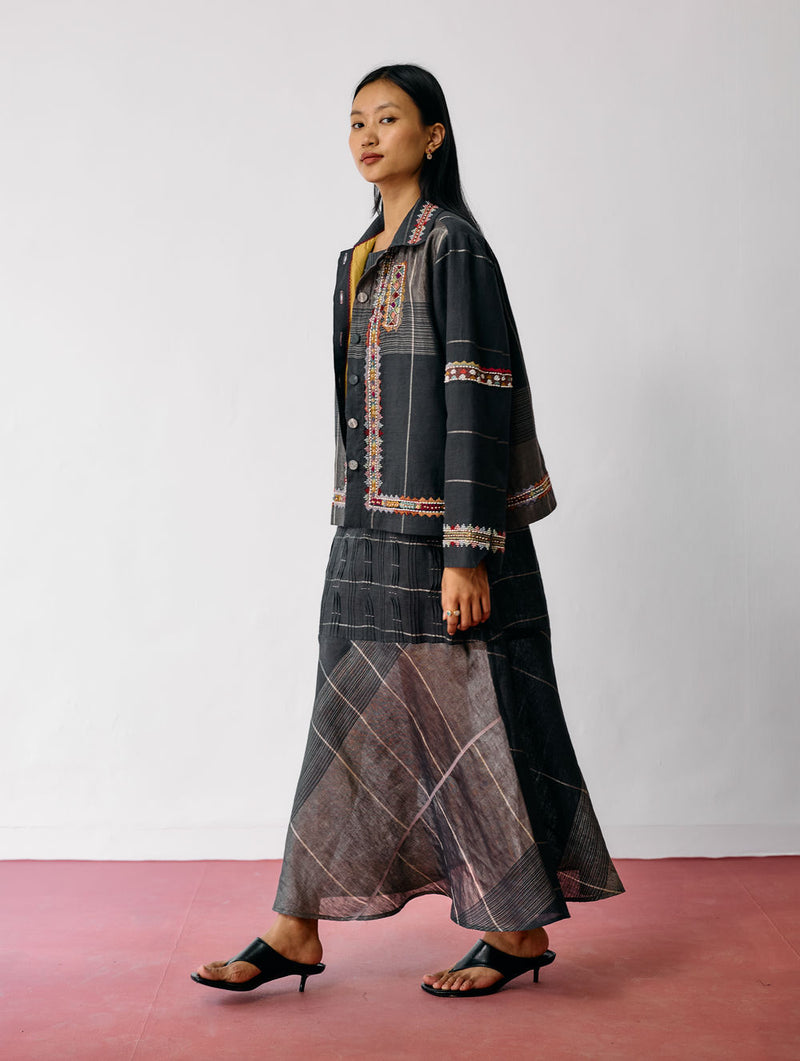 Dana Pintuck & Pleat Sleeveless Co-ord-Charcoal linen co-ord set by Manan in black for women Worldwide