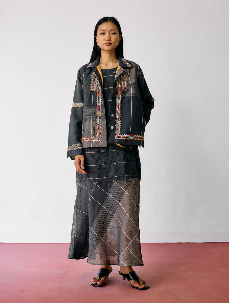Dana Pintuck & Pleat Sleeveless Co-ord-Charcoal linen co-ord set by Manan in black for women Worldwide