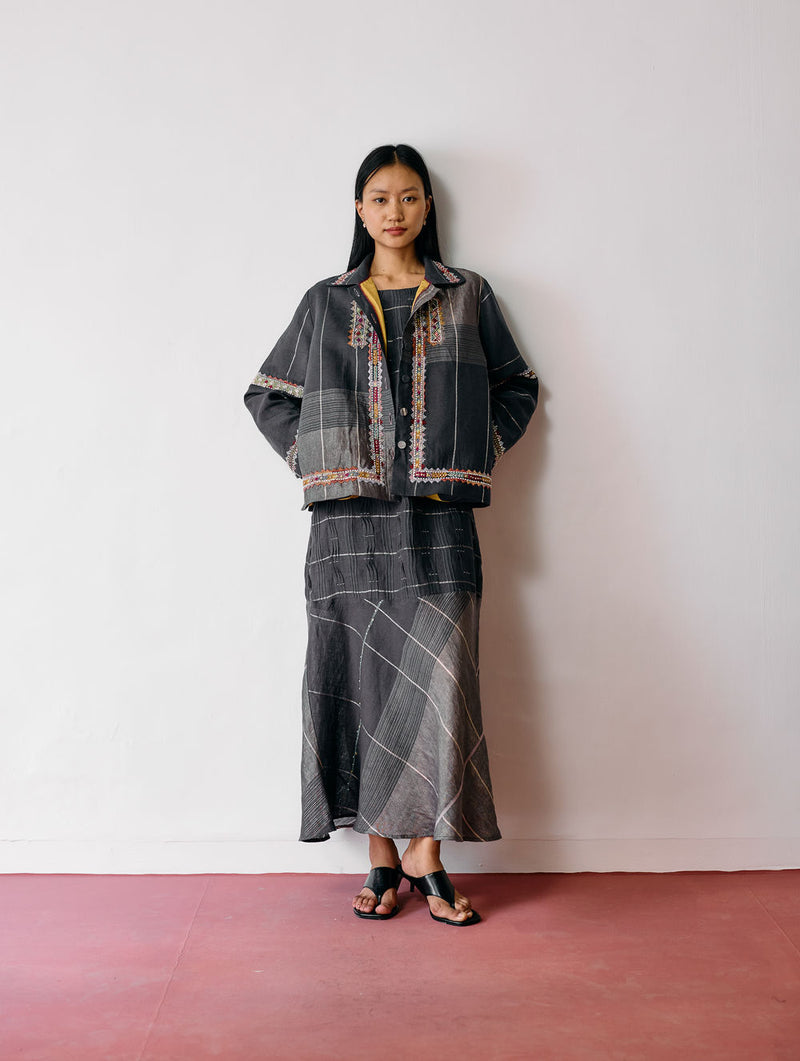 Dana Pintuck & Pleat Sleeveless Co-ord-Charcoal linen co-ord set by Manan in black for women Worldwide
