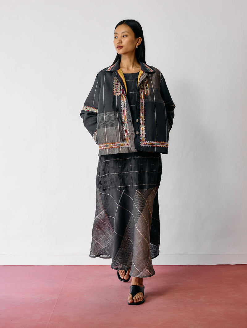Zuri Hand-Embroidered Metallic Jacket-Charcoal linen jacket/overlay by Manan in black for women Worldwide