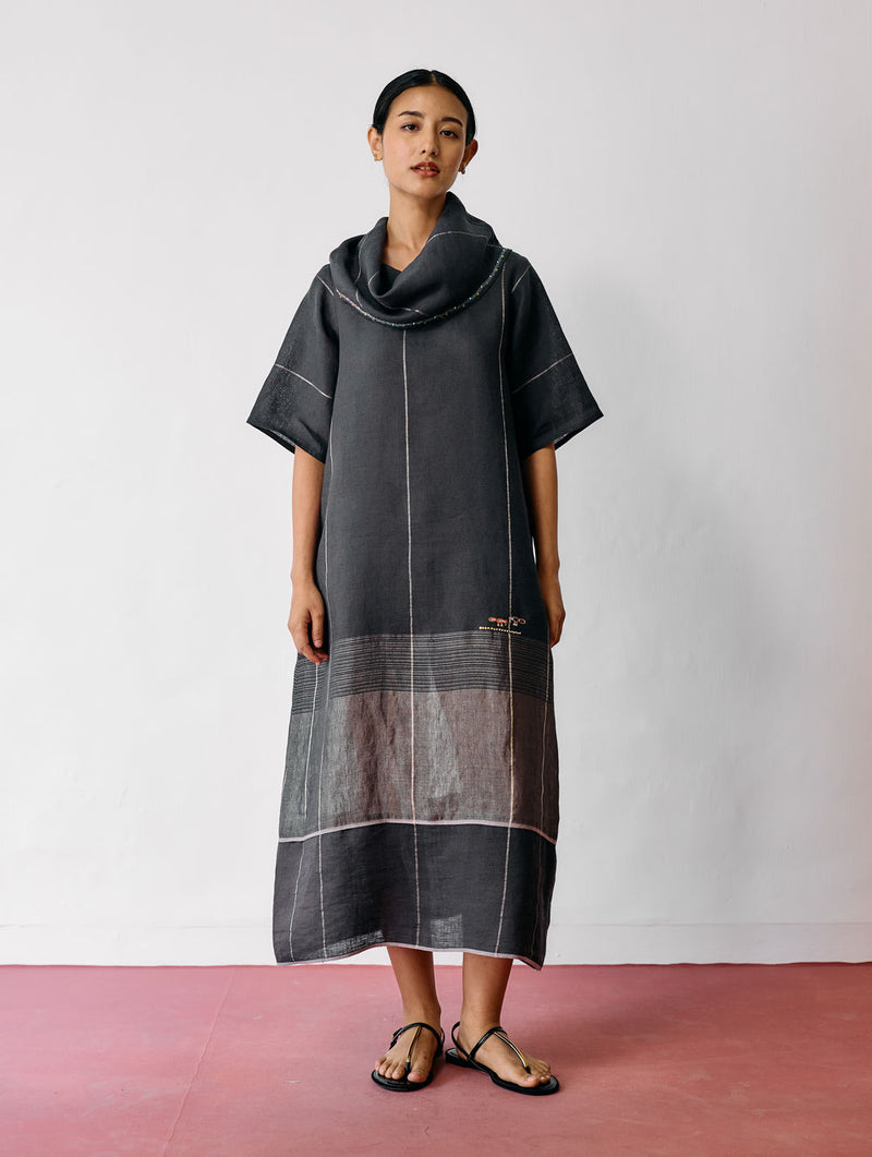 Zaran Cowl Neck Metallic Dress-Charcoal linen dress by Manan in black for women Worldwide