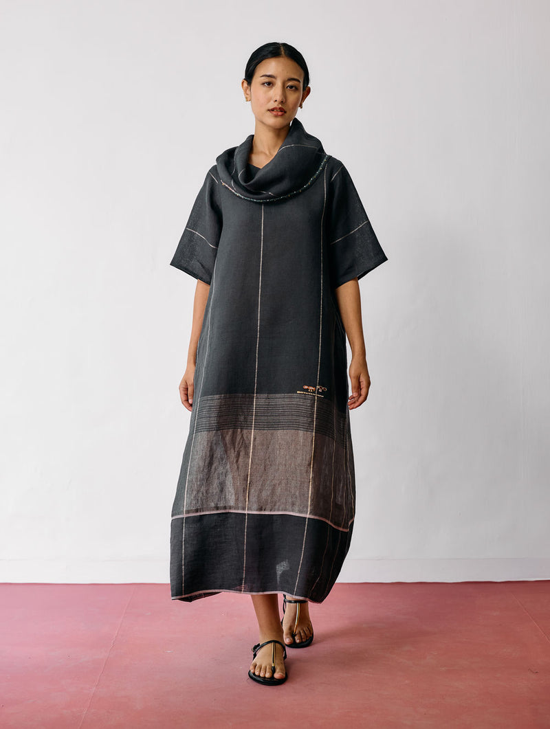 Zaran Cowl Neck Metallic Dress-Charcoal linen dress by Manan in black for women Worldwide