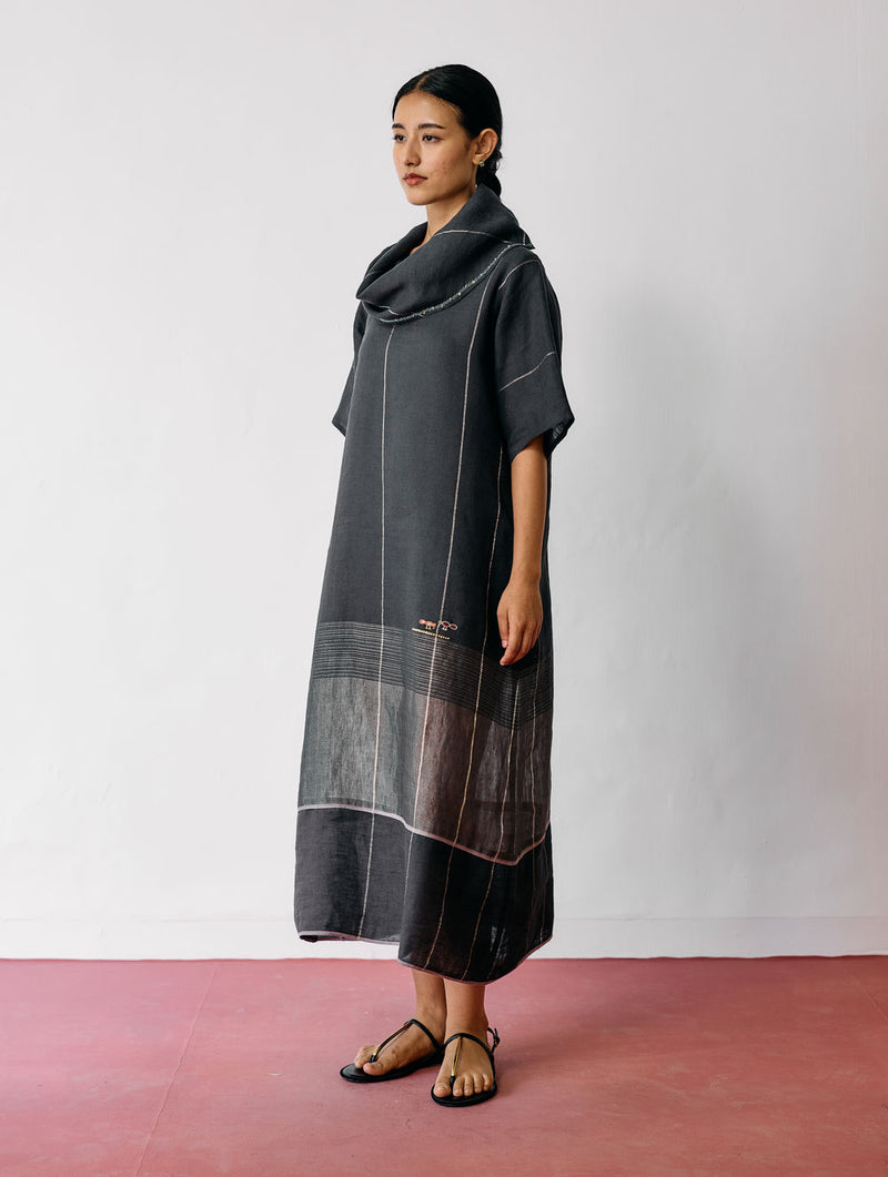 Zaran Cowl Neck Metallic Dress-Charcoal linen dress by Manan in black for women Worldwide