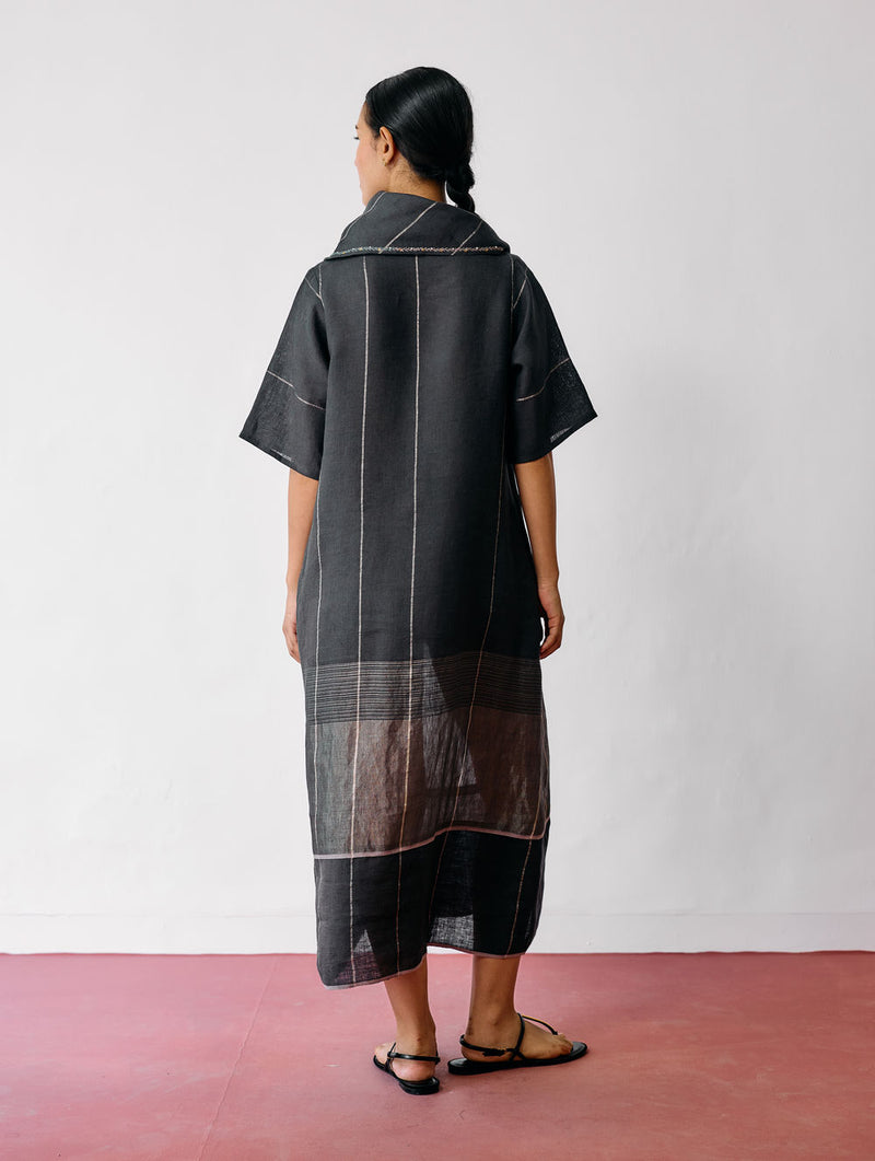 Zaran Cowl Neck Metallic Dress-Charcoal linen dress by Manan in black for women Worldwide