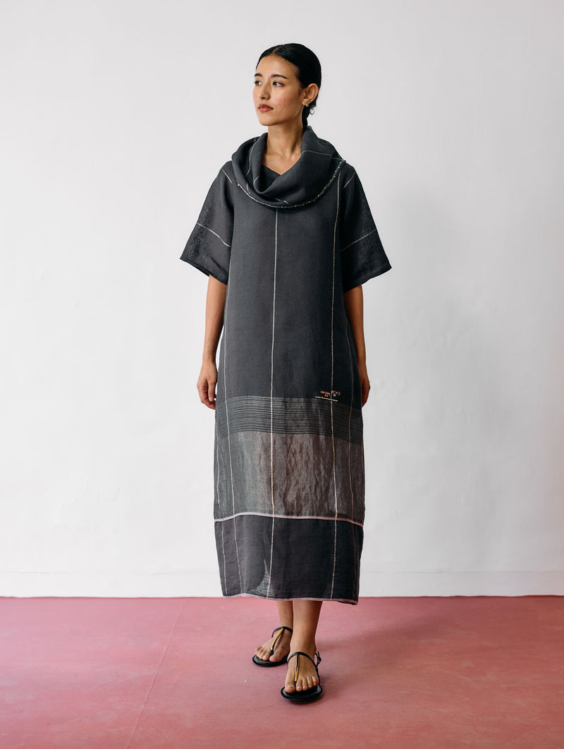 Zaran Cowl Neck Metallic Dress-Charcoal linen dress by Manan in black for women Worldwide