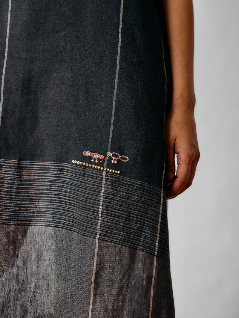 Zaran Cowl Neck Metallic Dress-Charcoal linen dress by Manan in black for women Worldwide