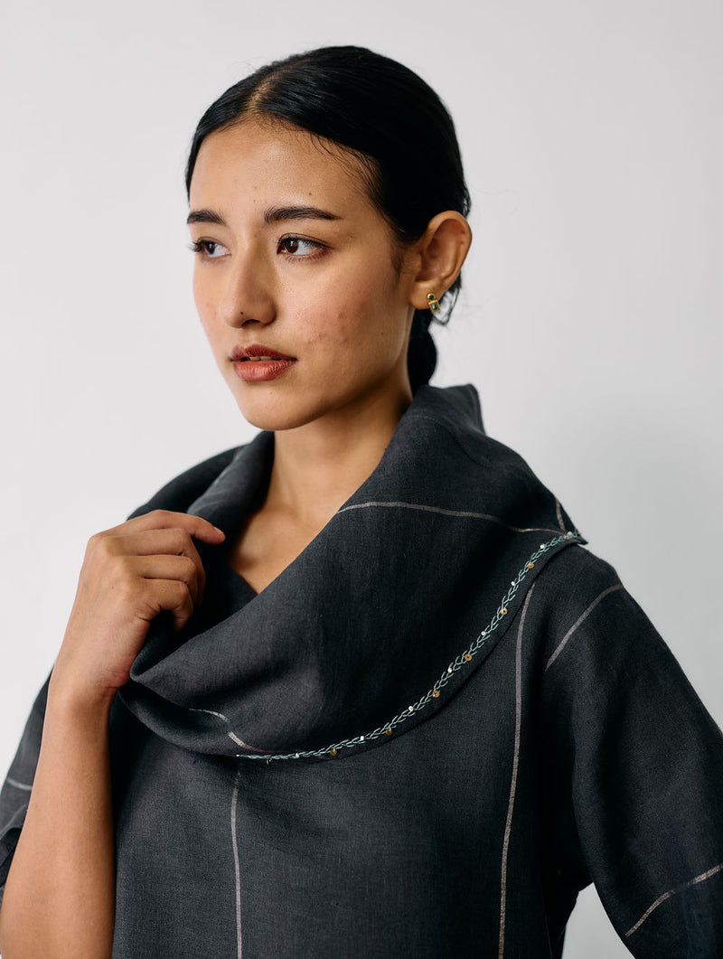 Zaran Cowl Neck Metallic Dress-Charcoal linen dress by Manan in black for women Worldwide