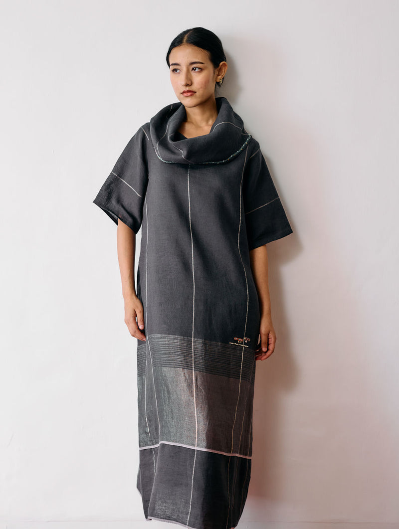 Zaran Cowl Neck Metallic Dress-Charcoal linen dress by Manan in black for women Worldwide