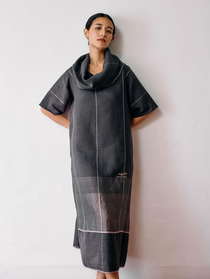 Zaran Cowl Neck Metallic Dress-Charcoal linen dress by Manan in black for women Worldwide
